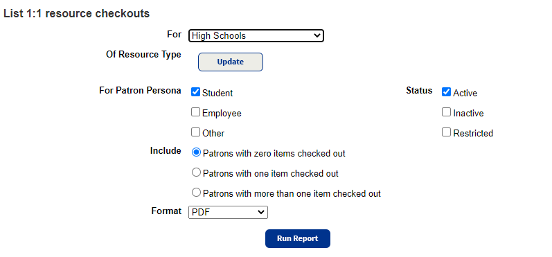 1:1 Resource Checkouts report.